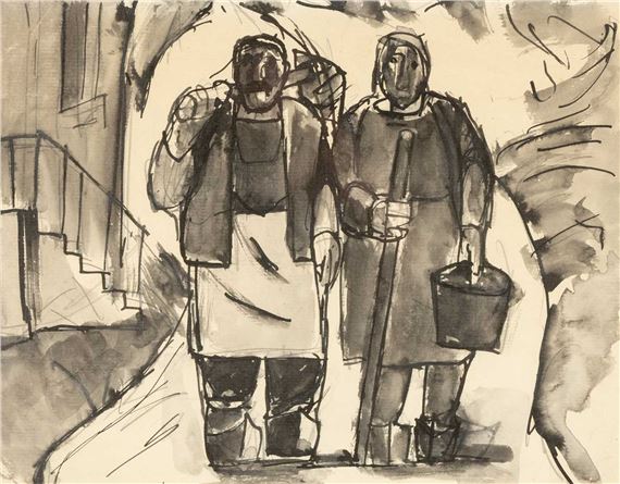 2000) ink wash on paper - two worker figures by Josef Herman