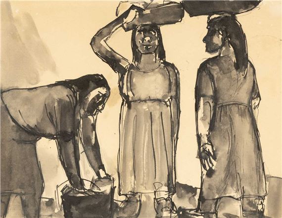 2000) ink wash on paper - three figures harvesting by Josef Herman