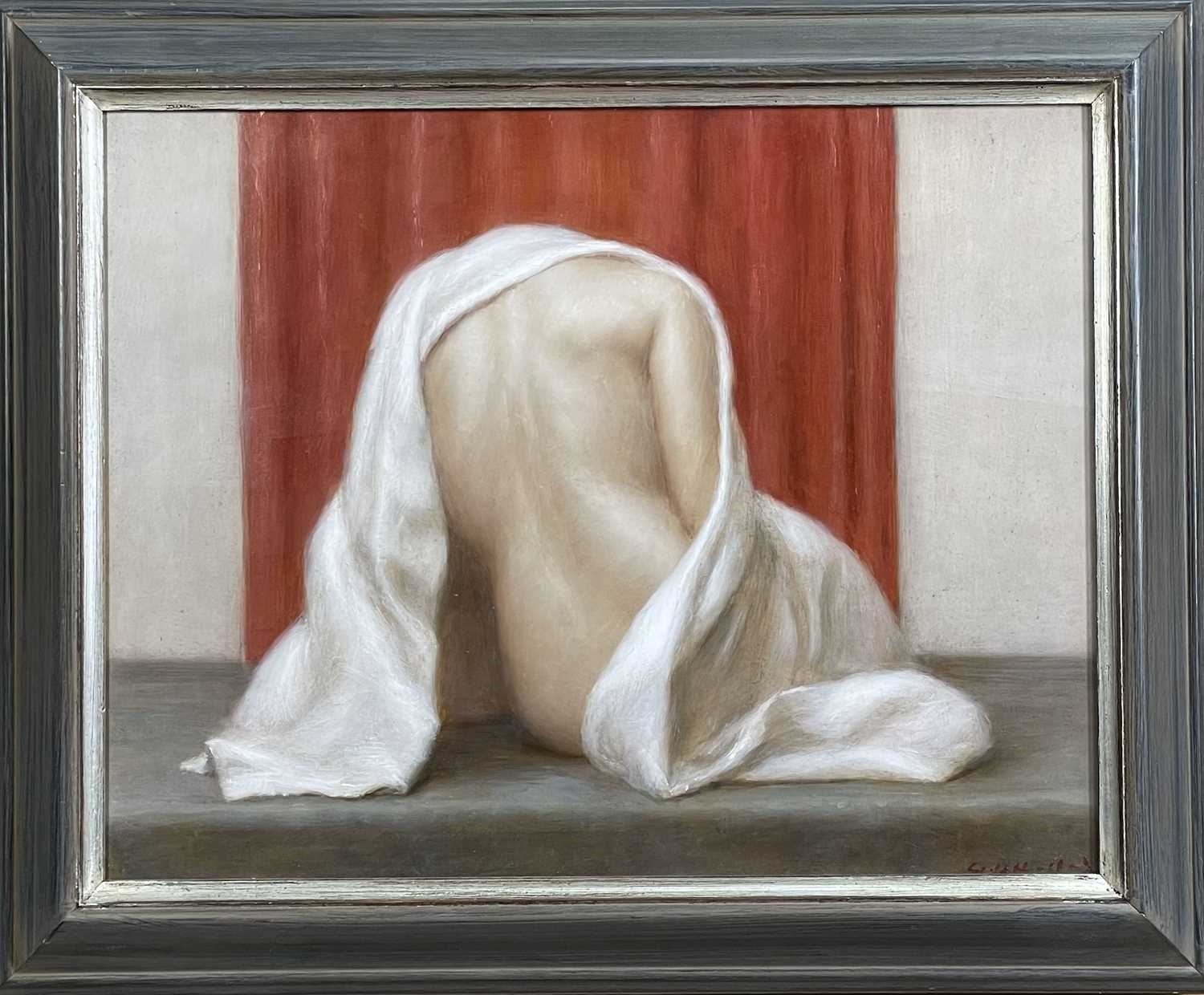 Artwork by Harry Holland, seated nude shrouded in white blanket, Made of oil on board