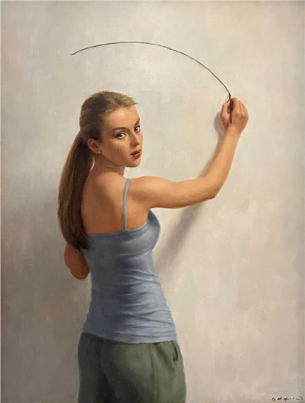 three-quarter portrait of a standing young female chalking a wall as if teaching