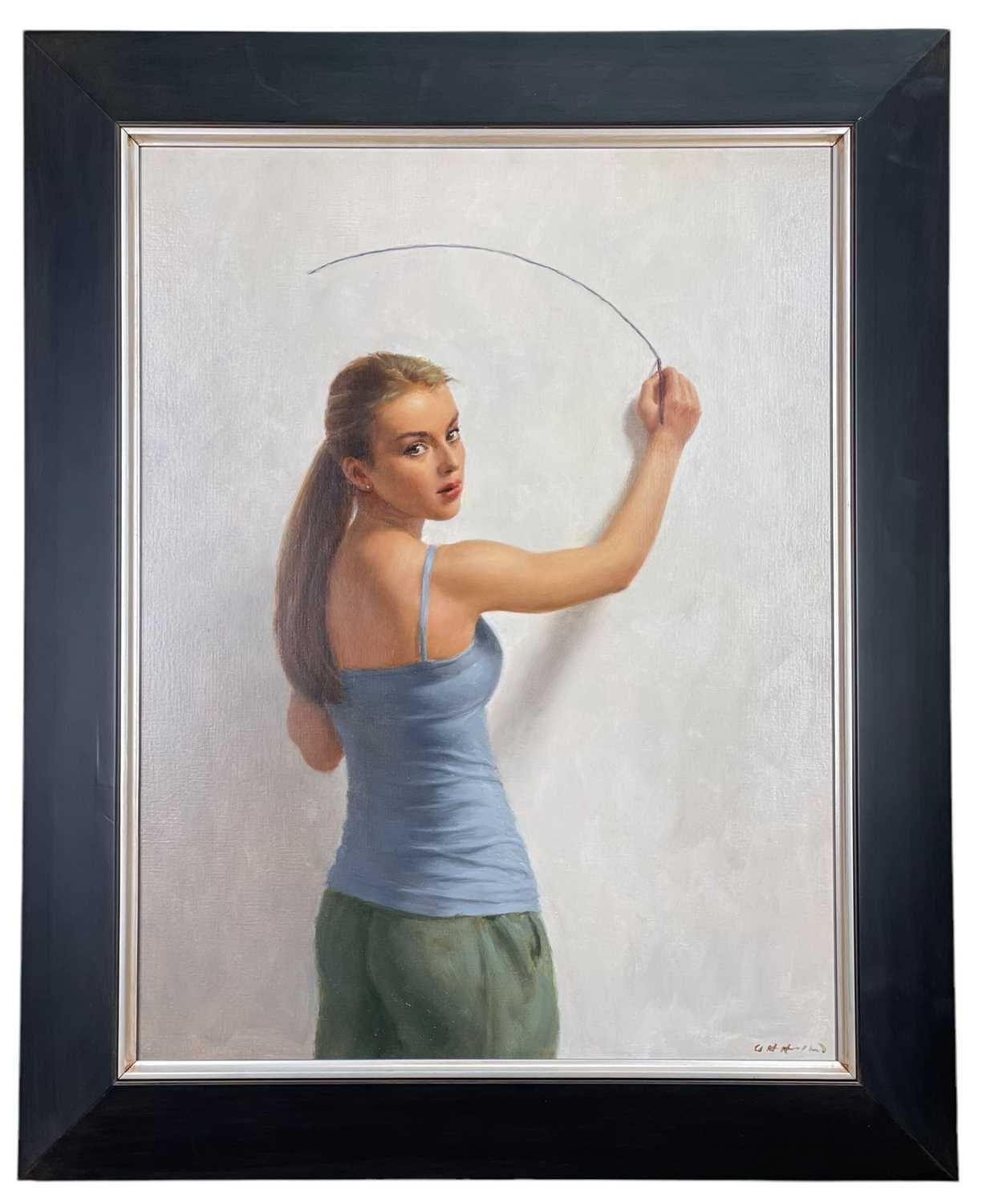 Artwork by Harry Holland, three-quarter portrait of a standing young female chalking a wall as if teaching, Made of oil on board
