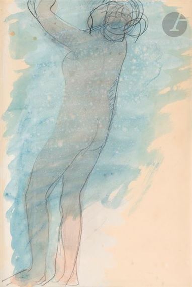 Nude woman three-quarters to the left, one arm raised, circa 1900