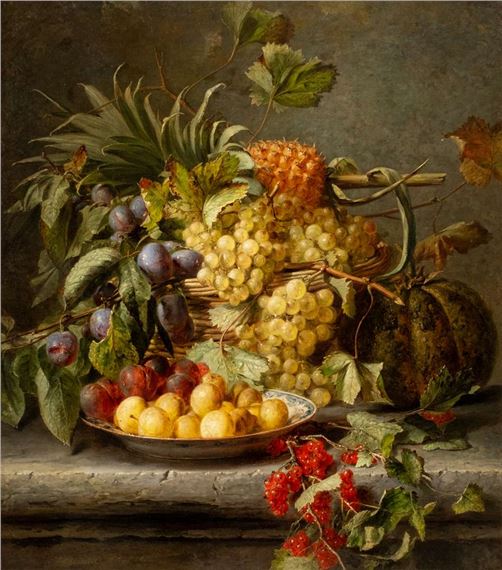 Lucious fruit still life with grapes, prunes, cranberries, a pineapple and melon by Adriana Johanna Haanen