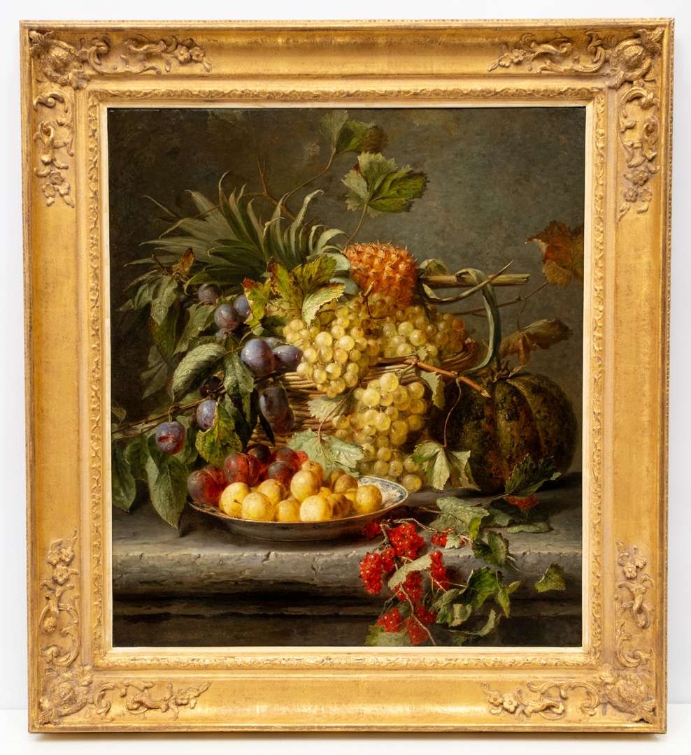 Artwork by Adriana Johanna Haanen, Lucious fruit still life with grapes, prunes, cranberries, a pineapple and melon, Made of oil on canvas
