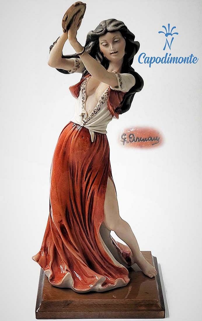 Artwork by Giuseppe Armani, Gypsy Tambourine Dancer, A Large Very Rare Capodimonte G. Armani Signed Sculpture, Made of hand painted porcelain figurine