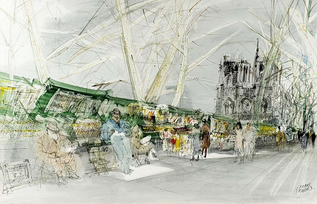 Artwork by Pierre Pages, Pierre Pages Watercolor of Notredame Signed, C. 1940's, Made of watercolor painting
