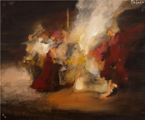 A chaotic, abstract painting of figures in a fiery scene.