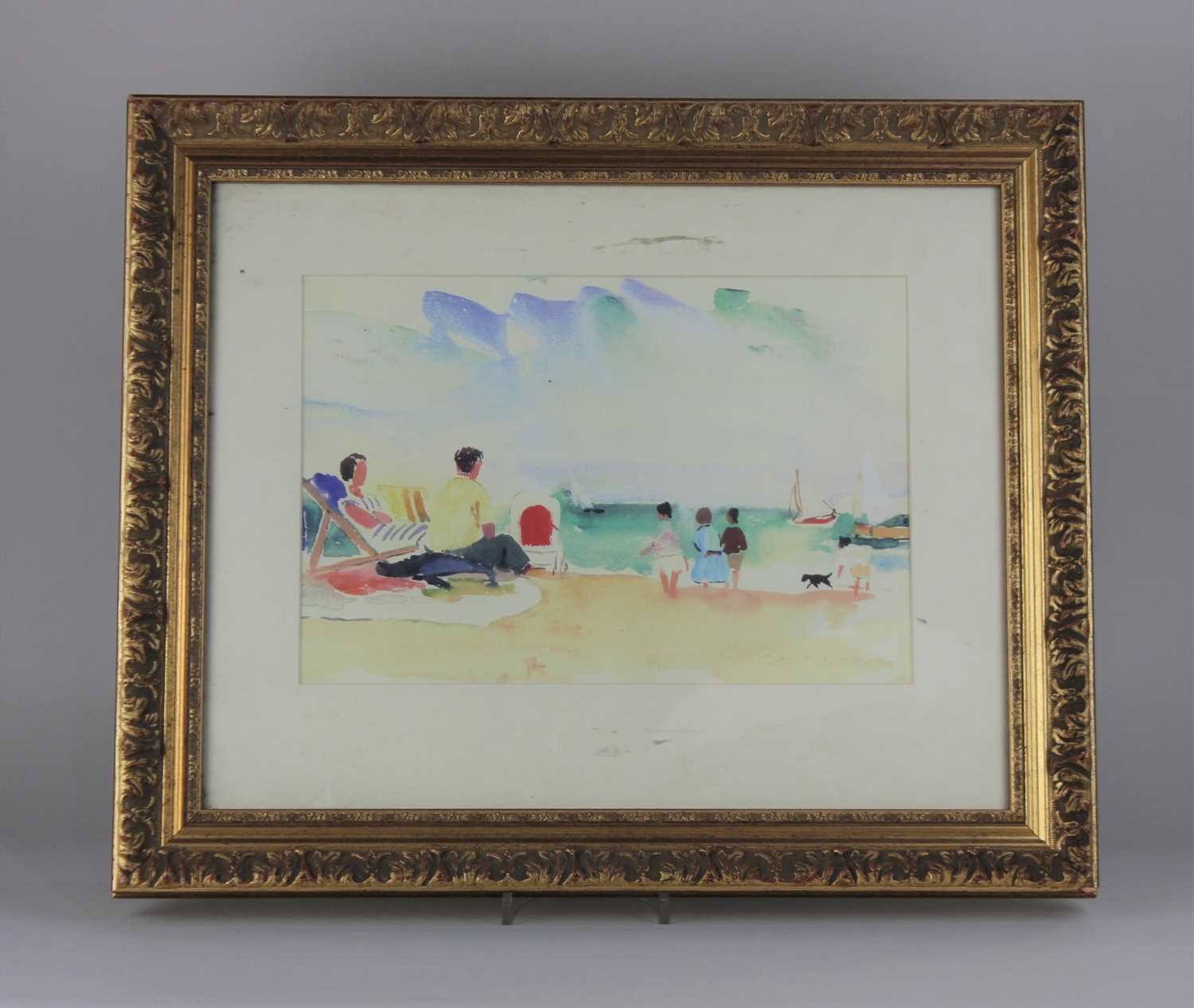 A framed watercolor painting of two figures sitting outdoors, rendered in a loose, impressionistic style.
