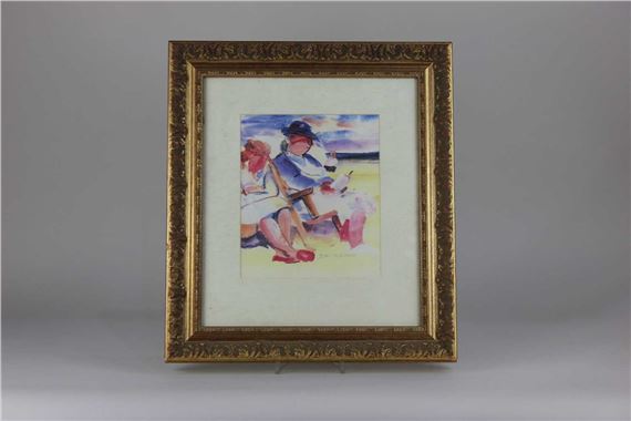 A framed watercolor painting of two figures sitting outdoors, rendered in a loose, impressionistic style.