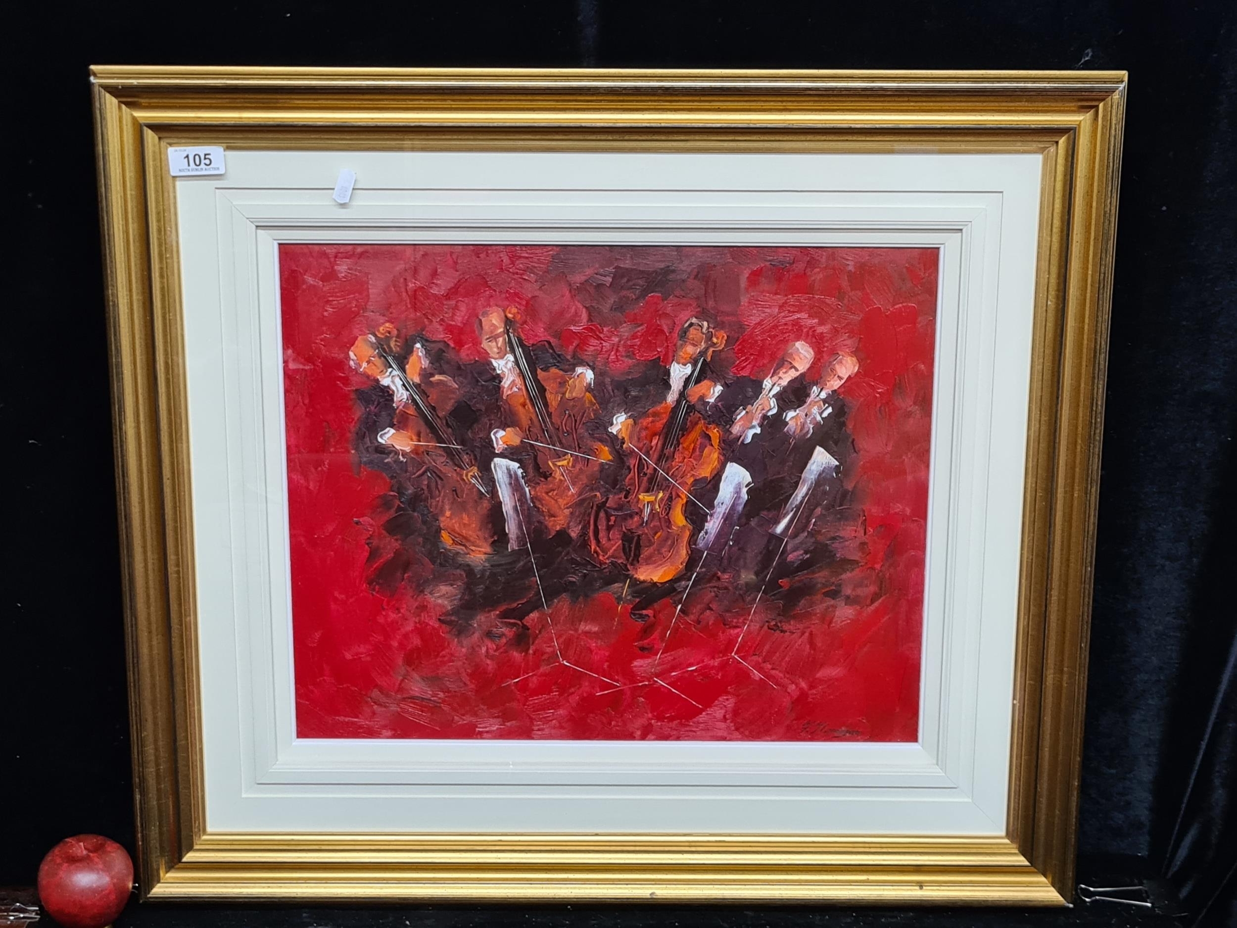 Artwork by Fidelma Flanagan, Star Lot: . A very attractive original Fildelma Flanagan . Features a quintet of musicians rendered in expressive brushstrokes with a wonderful deep red. 
Flanagan is a popular artist with works fetching up to  a notable auctions such as Whytes.
MM:cm xcm including frame.
Fidelma Flanagan was born in Co. Offaly in. Self taught, she has exhibited at the Oisín Gallery, Made of oil on board painting