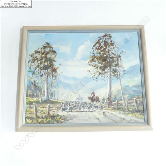 HENZE BOEHNKE 'MUSTERING NEATH THE GUMS BETWEEN MATAMATA AND CAMBRIDGE' OIL ON BOARD by Heinz Boehnke