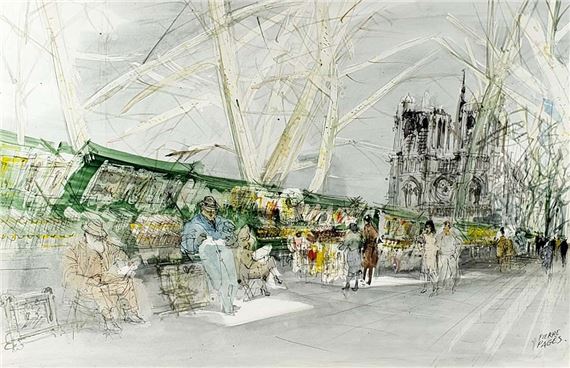 Pierre Pages Watercolor of Notredame Signed, C. 1940's by Pierre Pages, 1940