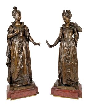 Pair of Large 19th C. Bourret Signed Bronze & Rouge Marble Statues of Queen Victoria & Elizabeth - Queen Victoria