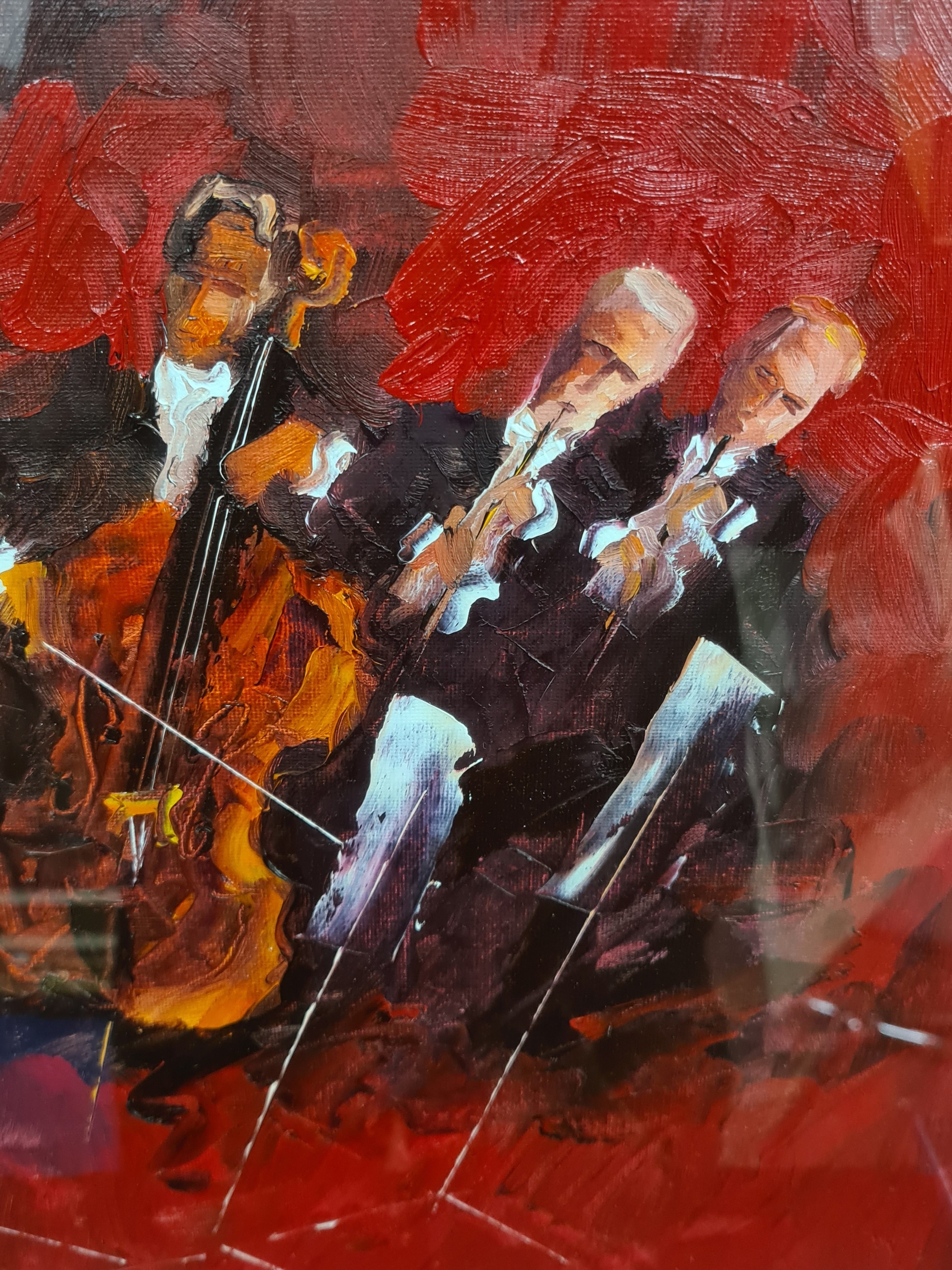 Artwork by Fidelma Flanagan, Star Lot: . A very attractive original Fildelma Flanagan . Features a quintet of musicians rendered in expressive brushstrokes with a wonderful deep red. 
Flanagan is a popular artist with works fetching up to  a notable auctions such as Whytes.
MM:cm xcm including frame.
Fidelma Flanagan was born in Co. Offaly in. Self taught, she has exhibited at the Oisín Gallery, Made of oil on board painting