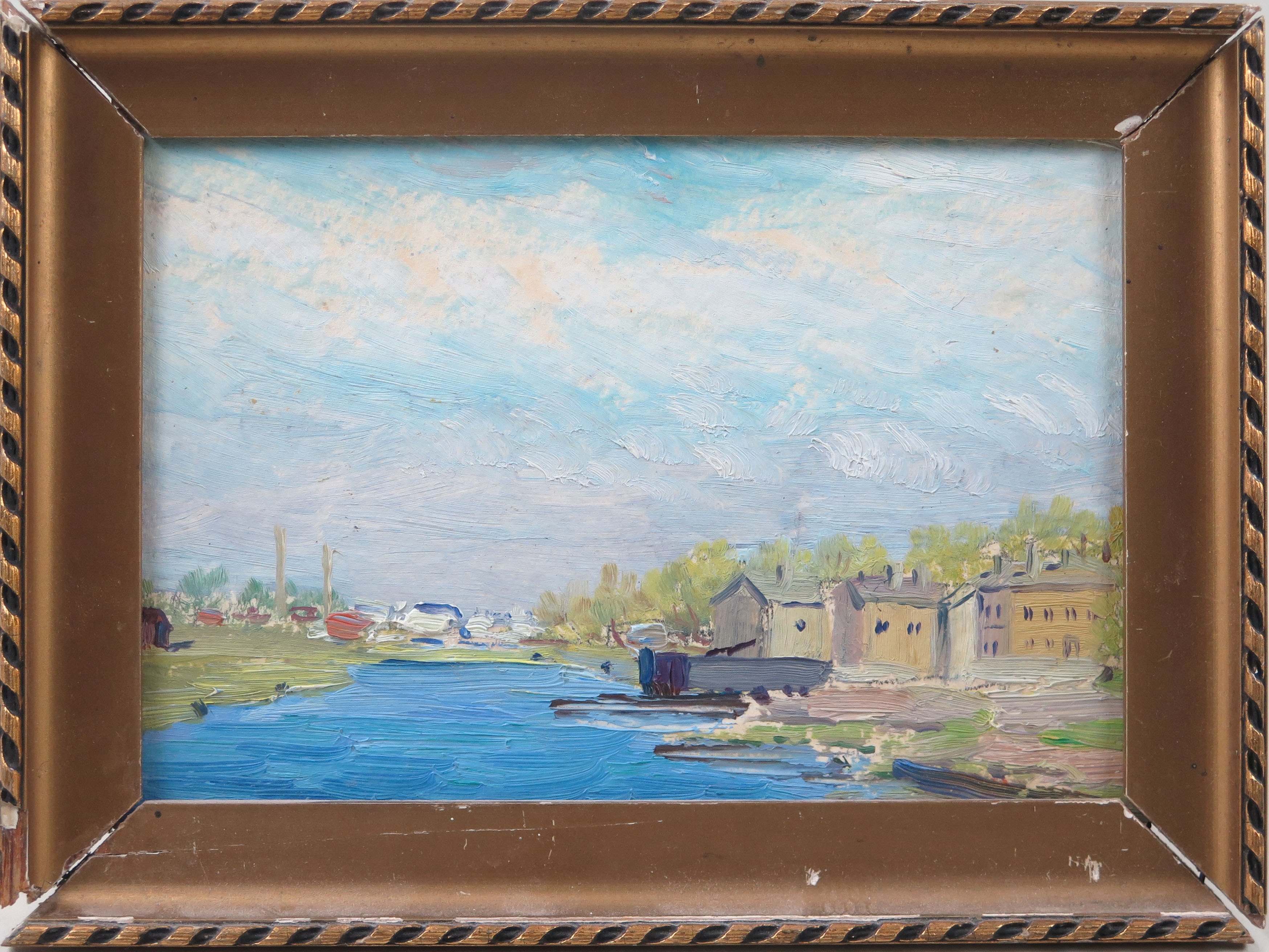 Artwork by Stanislavs Kreics, Pie Daugavas attekas, Made of oil on cardboard