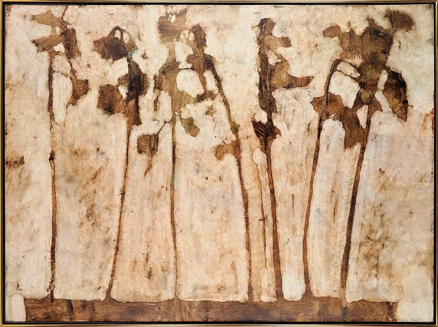 A textured abstract composition of five tall, slender figures in earthy tones against a mottled beige background.