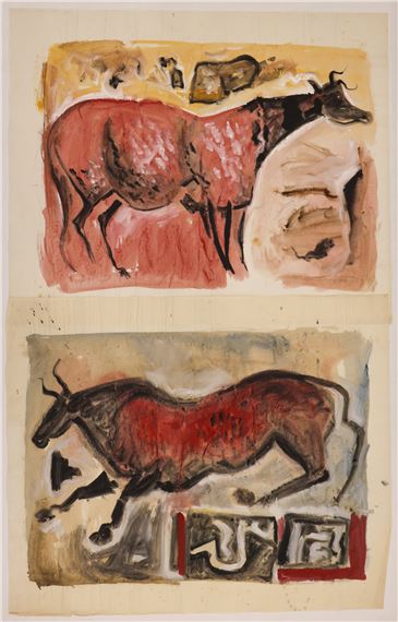 2pc Neil Meitzler 1957 Bull Compositions Casein on Paper 28''x34'' Approx by Neil Meitzler, 1957