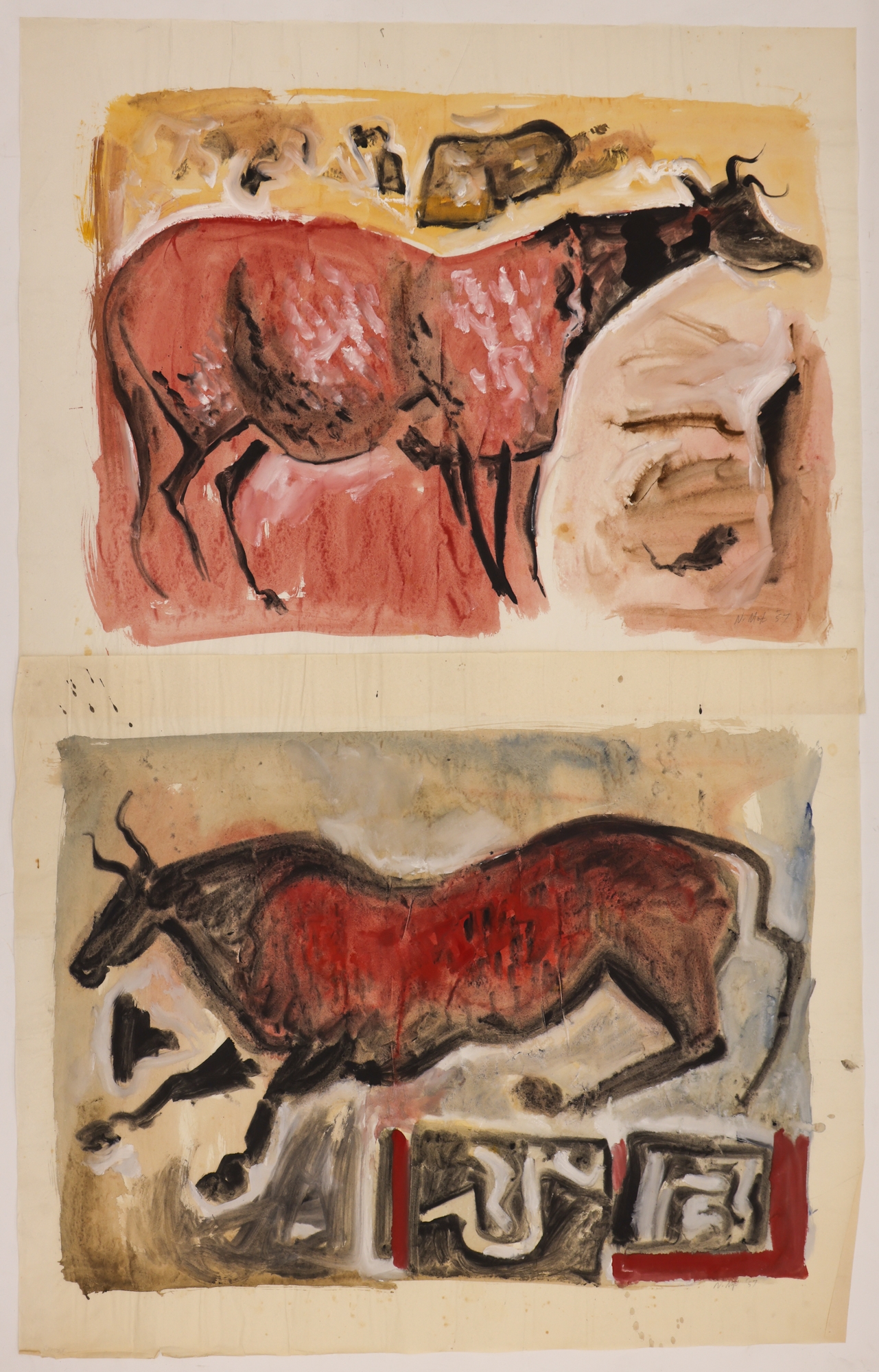 Artwork by Neil Meitzler, 2pc Neil Meitzler 1957 Bull Compositions Casein on Paper 28''x34'' Approx, Made of Casein on Paper
