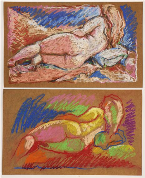 2pc Neil Meitzler Reclining Nude Pastels on Board 13''x21.5'' - Unsigned