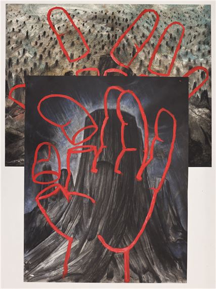 2pc Neil Meitzler Red Hand 1990's Artworks on Paper 38''x30