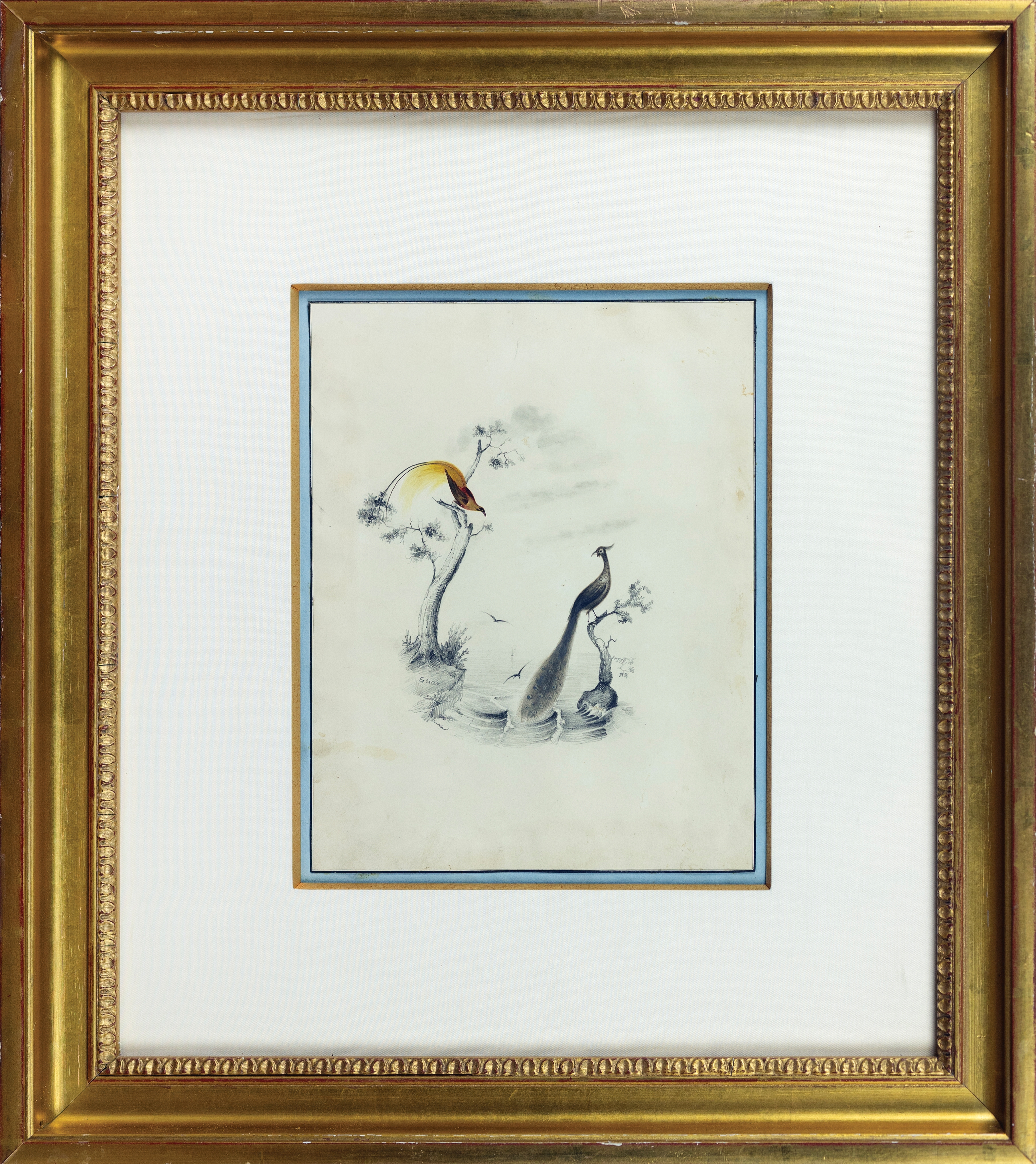A watercolor illustration of two birds perched on stylized trees emerging from water.