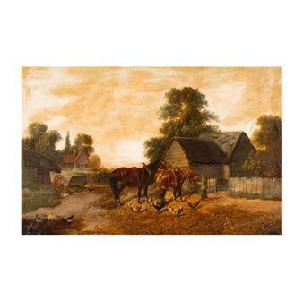 A rustic farm scene featuring horses, a barn, and a person near a white fence under a warm sky.