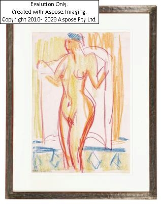 Artwork by Ernst Ludwig Kirchner, Stehender Akt mit Badetuch (Standing nude with bathing towel), Made of colored wax crayon on paper