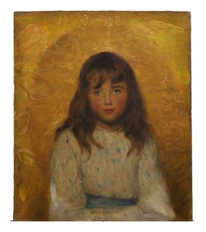Happy Little Maiden She! - a portrait of Rosemary Hare (later Mrs Jeffrey-Jones) half-length in a white dress with a blue ribbon - Lawrence Carrington Grubbe