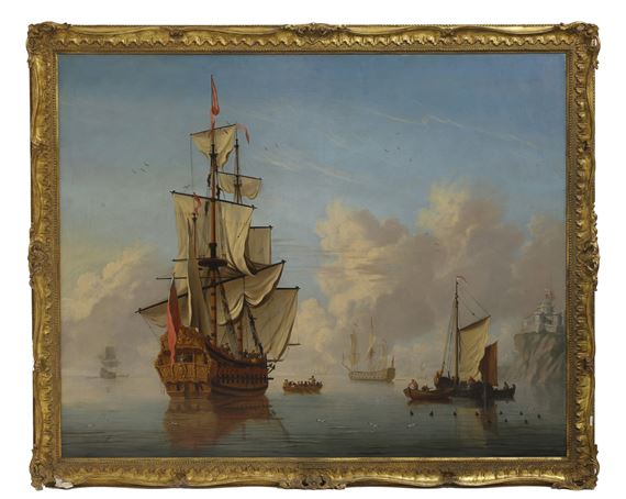 A British man-o-war with other shipping in calm waters off the coast with a clifftop castle by Francis Swaine