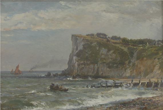A coastal scene with a boat at the base of a cliff by Bernard Finegan Gribble