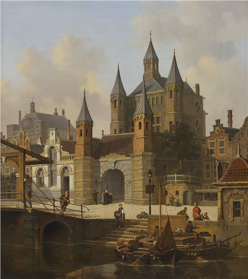 A Dutch town scene with boats on a canal by Jan Hendrik Verheijen