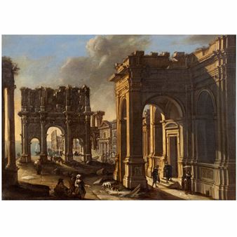 Architectural perspective with the Arch of Constantine in the center and the Colosseum in the background - Alessandro Salucci