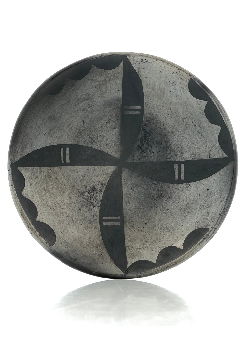Artwork by Maria Montoya Martinez, Santana Roybal Martinez, MARIA MARTINEZ & SANTANA MARTINEZ SAN ILDEFONSO PUEBLO GUNMETAL PLATE, Made of black on black pottery