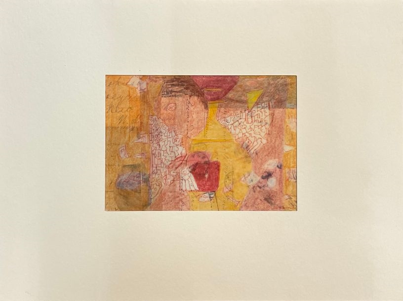 Artwork by Fernand Mornal, MORNAL (Fernand). "Joie au ciel. Ink, collage and colored pencil on paper, titled on the back, signed on the lower right corner, mounted under a white passe-partout. Size of mat: 30 x 40 cm; subject: 13.5 x 19 cm, Made of collage and colored pencil on paper