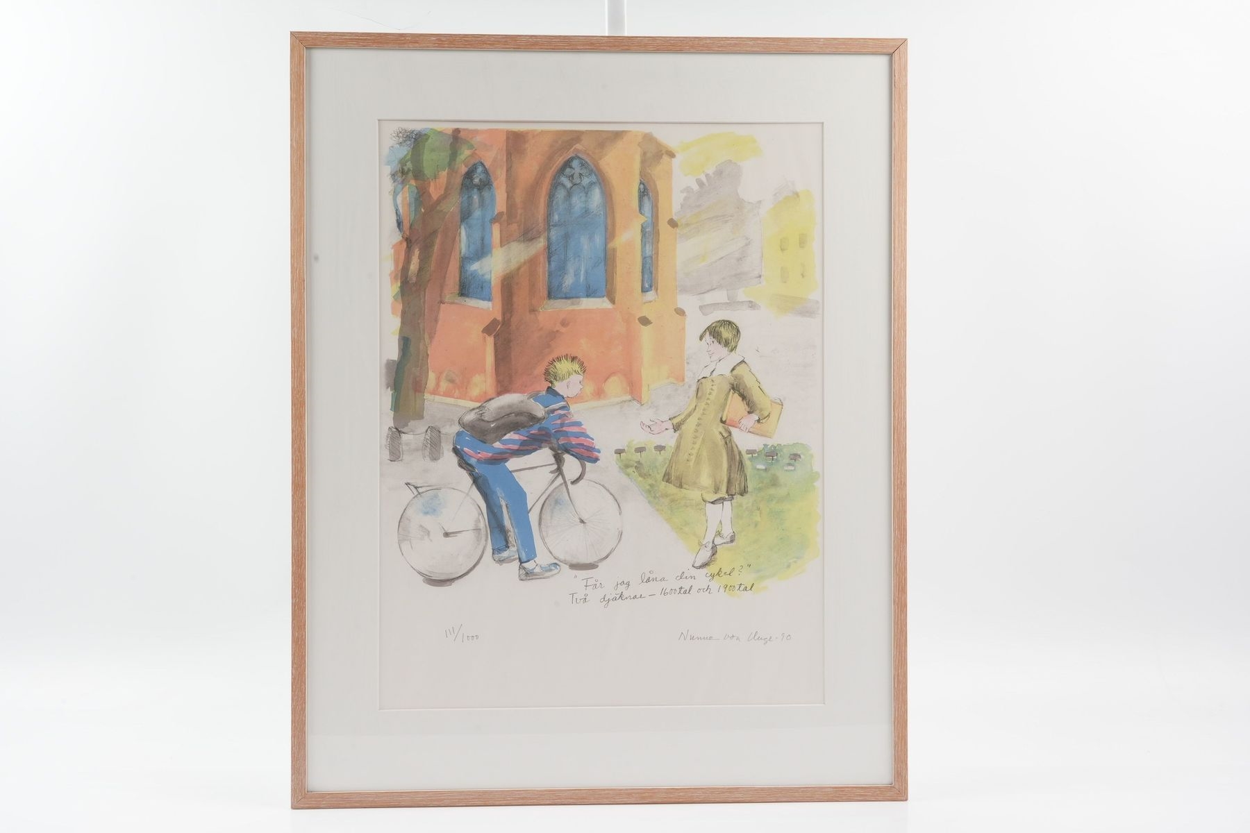 Artwork by Nunne von Unge, 631. NUNNE VON UNGE (1923-2007), färglitografi "Får jag låna din cykel, Made of färglitografi