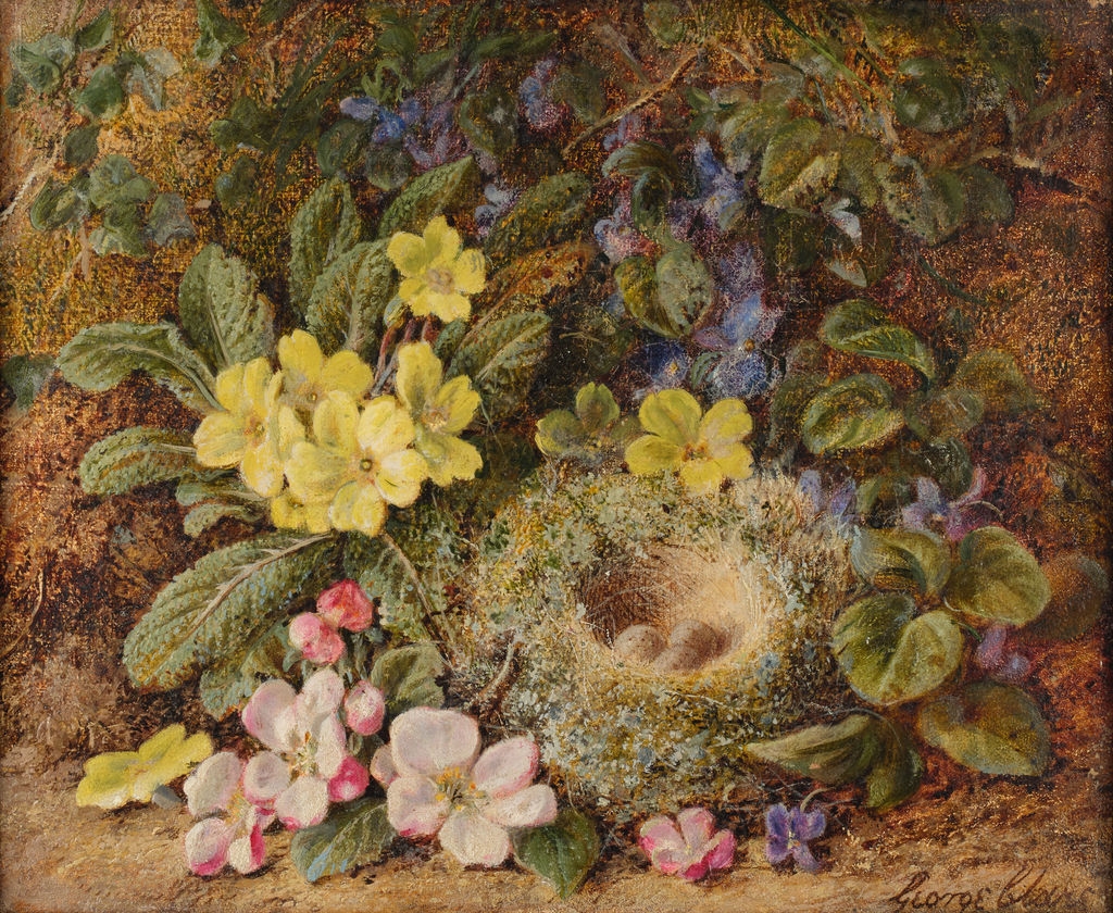 George Clare | A still life of a bird's nest on a mossy bank surrounded ...