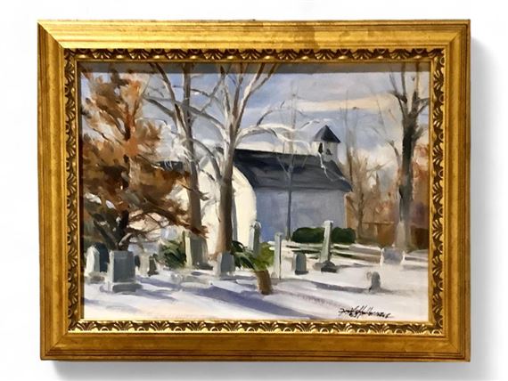 Original Painting of a Church in the Snow by Fritz Hoffman, 1930-2008