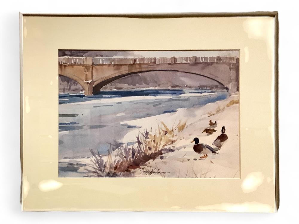 Artwork by Fritz Hoffman, Original Painting of Bridge Over Icy River, Made of plexiglass cover
Signed original watercolor