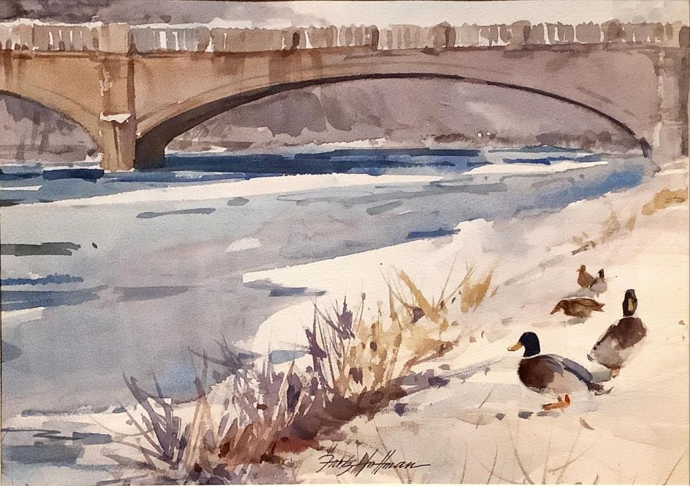 Artwork by Fritz Hoffman, Original Painting of Bridge Over Icy River, Made of plexiglass cover
Signed original watercolor