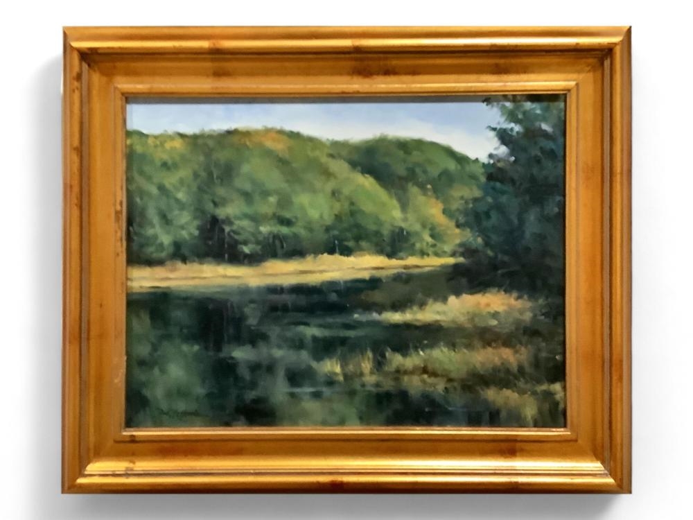 Artwork by Fritz Hoffman, Original Painting of a River in a Forest, Made of Oil on canvas with frame (no glass