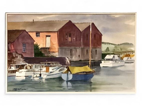 Original Painting of Boats and Warehouses