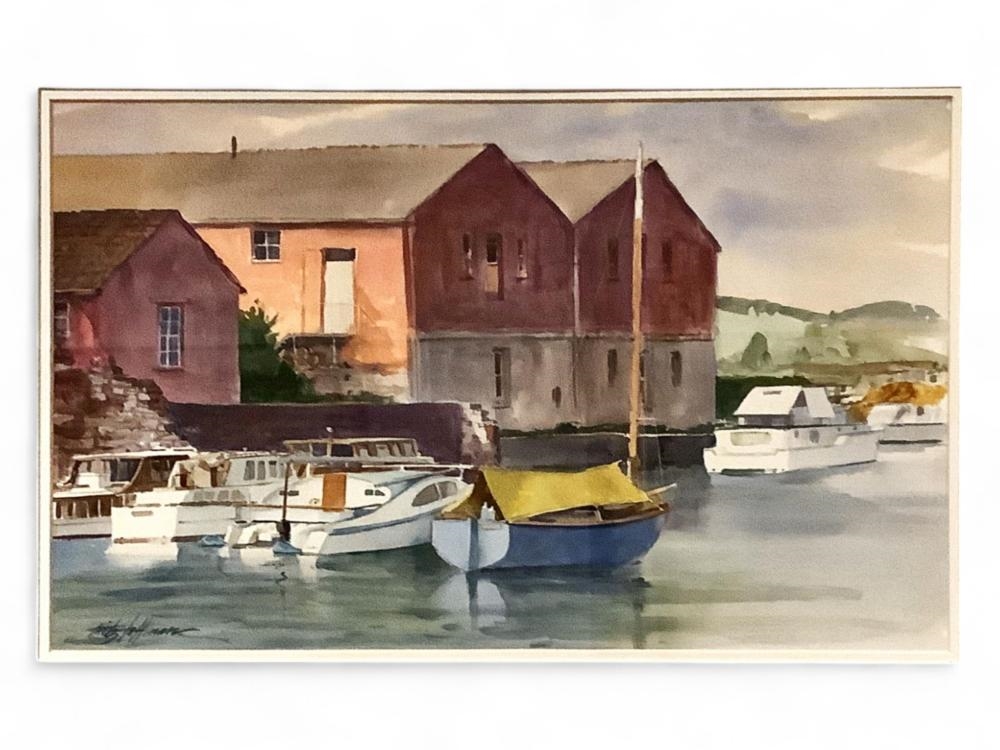 Artwork by Fritz Hoffman, Original Painting of Boats and Warehouses, Made of plexiglass cover.
Signed original watercolor