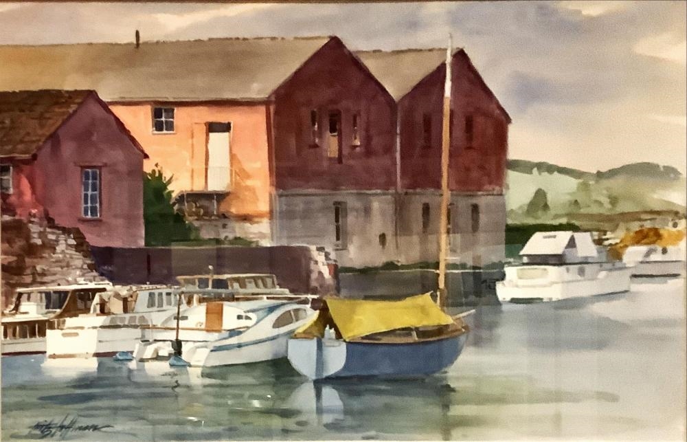 Artwork by Fritz Hoffman, Original Painting of Boats and Warehouses, Made of plexiglass cover.
Signed original watercolor