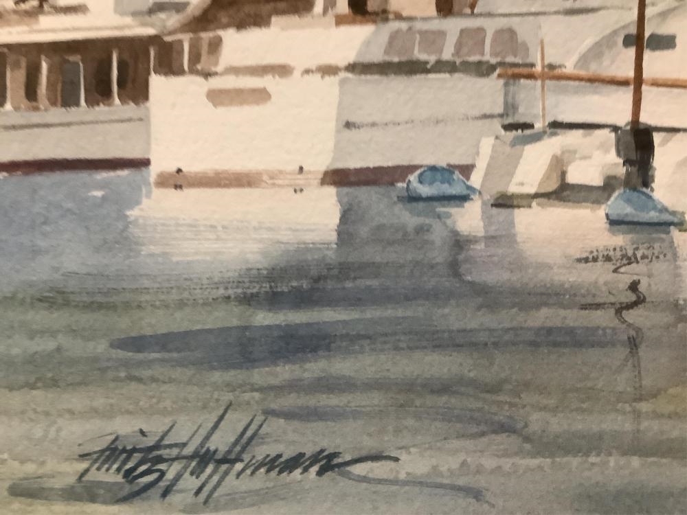 Artwork by Fritz Hoffman, Original Painting of Boats and Warehouses, Made of plexiglass cover.
Signed original watercolor