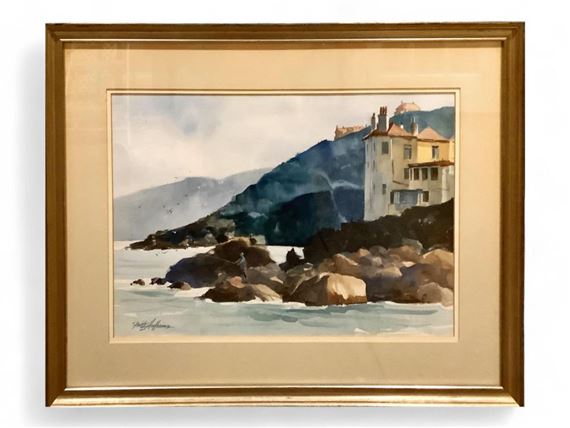 Original Painting of Buildings on a Rocky Shore