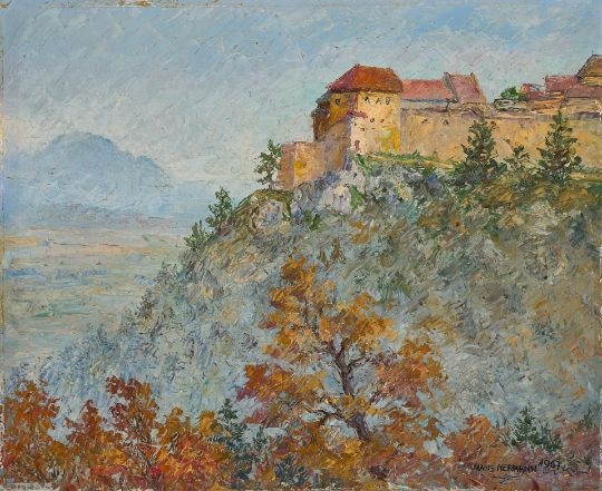 Artwork by Hans Hermann Hagedorn, Partie in Râsnov (Rosenau), Rumänien, mit Blick auf  die auf dem Kalkfelsen gelegene prächtige Burganlage Bauernburg, Made of gel