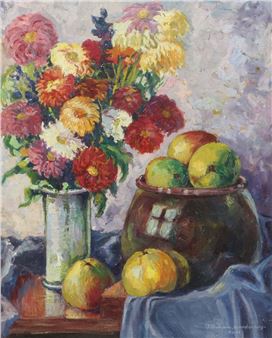A vibrant still life featuring a colorful bouquet of flowers and a bowl of fruit.