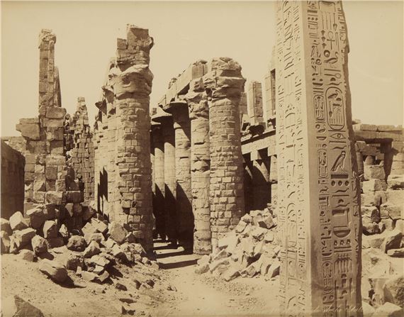 Late 19th century albumen photograph print depicting the Great Hall and obelisk at the Karnak Temple Complex - Adelphoi Zangaki