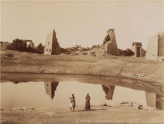 Late 19th to early 20th century albumen photograph print depicting the Karnak Temple Complex and a pond - Adelphoi Zangaki