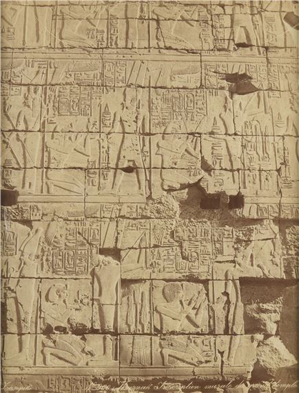 Late 19th century albumen photograph print depicting hieroglyphics in the Karnak temple complex near Luxor, Egypt by Adelphoi Zangaki, circa 1832